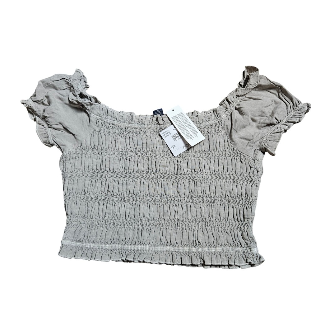 American Eagle Smocked Crop Top Womens S Puff Sleeve Off Shoulder Glam Chic NWT